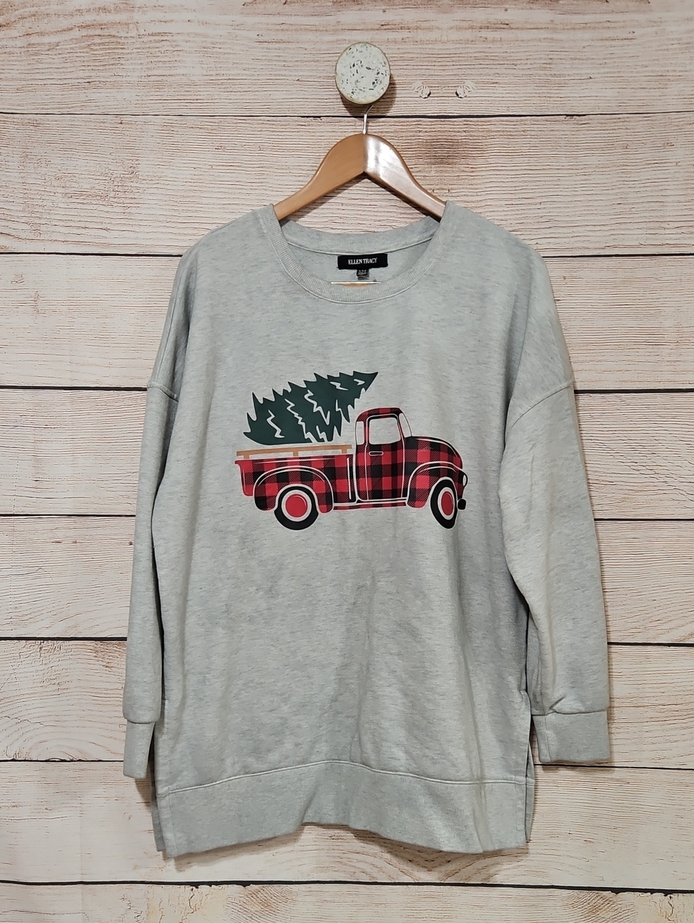 Ellen Tracy Light Gray Sweatshirt with Red Plaid Truck Graphic XXL